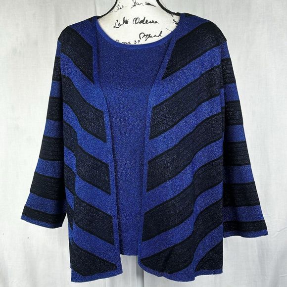 Alfred Dunner 2 for 1 Cardigan Womens XL Blue Chevron Sparkly Open Front 3/4 Arm - Picture 1 of 10